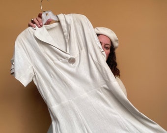 40s Vintage White Linen Dress  L/XL