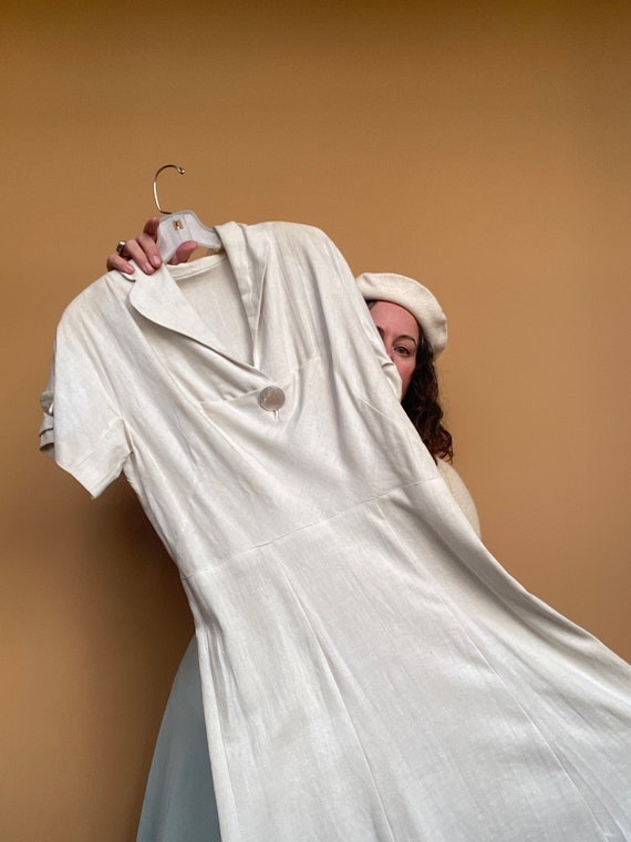 40s Vintage White Linen Dress  L/XL