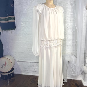 80s White Chiffon Drop Waist Party Dress L  Miss Elliette