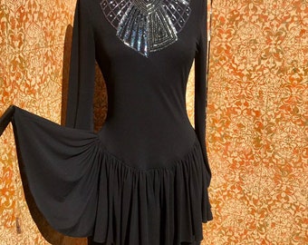 Black Peplum Dress 80s does 40s Beaded Collar Dress Vintage 1980s