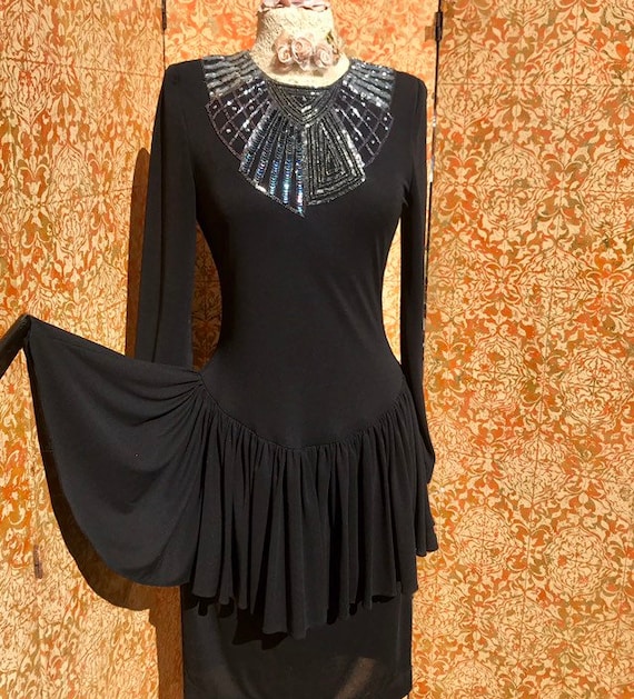 Black Peplum Dress 80s does 40s Beaded Collar Dre… - image 1