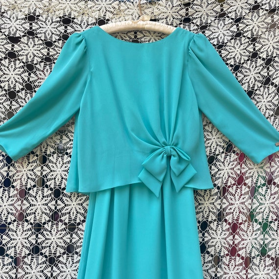 70s Miss Elliette Blue Bow Dress Aqua Crepe Gown - image 8