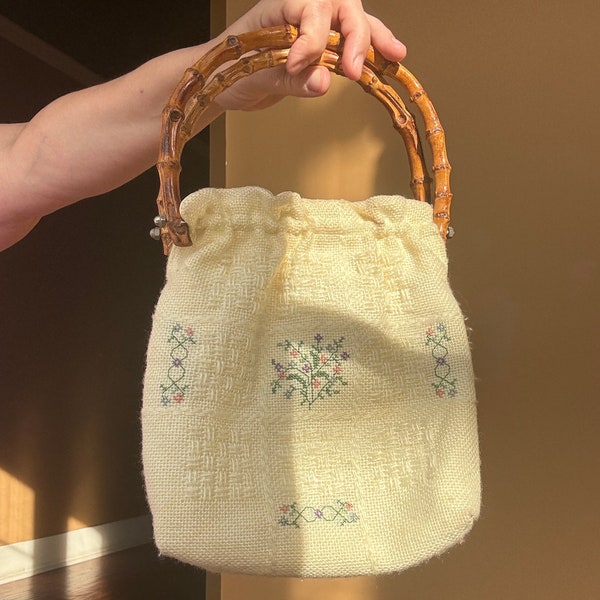 Vintage White Needlepoint Bag Bamboo Handle Purse