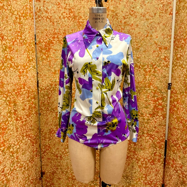 70s Vera Bodysuit M Purple Nylon