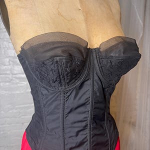 50s Black Strapless Bustier S/M Goddess Merry Widow Boned Corset w Garters