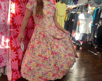 80s Romantic Vintage Painterly Floral Dress S/M Basque Waist