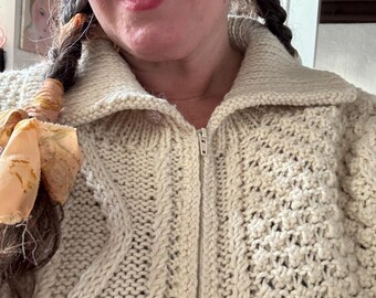 Vintage 80s Irish Wool Sweater L Zip Front Collared Cardigan Avoca