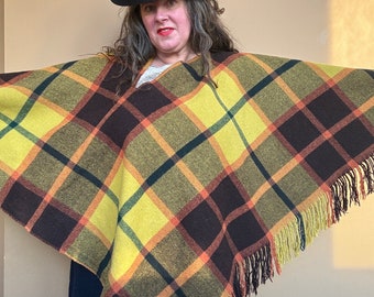 Vintage Yellow & Black Plaid Fringed Poncho Cape