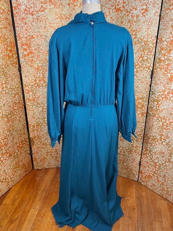 Vintage Teal Wool Dress L 80s Pussy Bow Dress - image 4