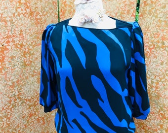 Puff Sleeve Dress S Blue Black Tiger Stripes 1980s Blouson Dress