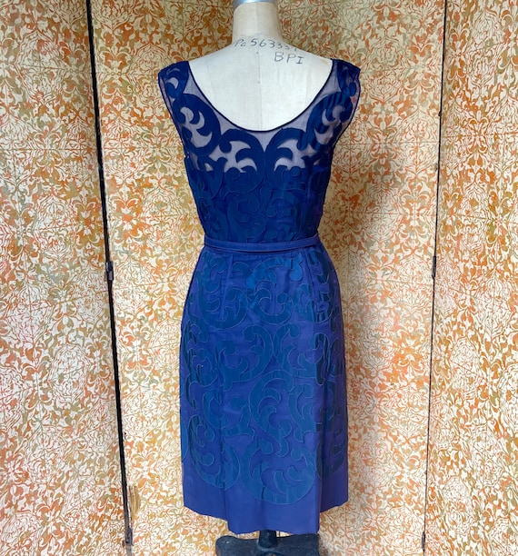 40s 50s Vintage Dress S Blue Flourish Applique Wi… - image 3