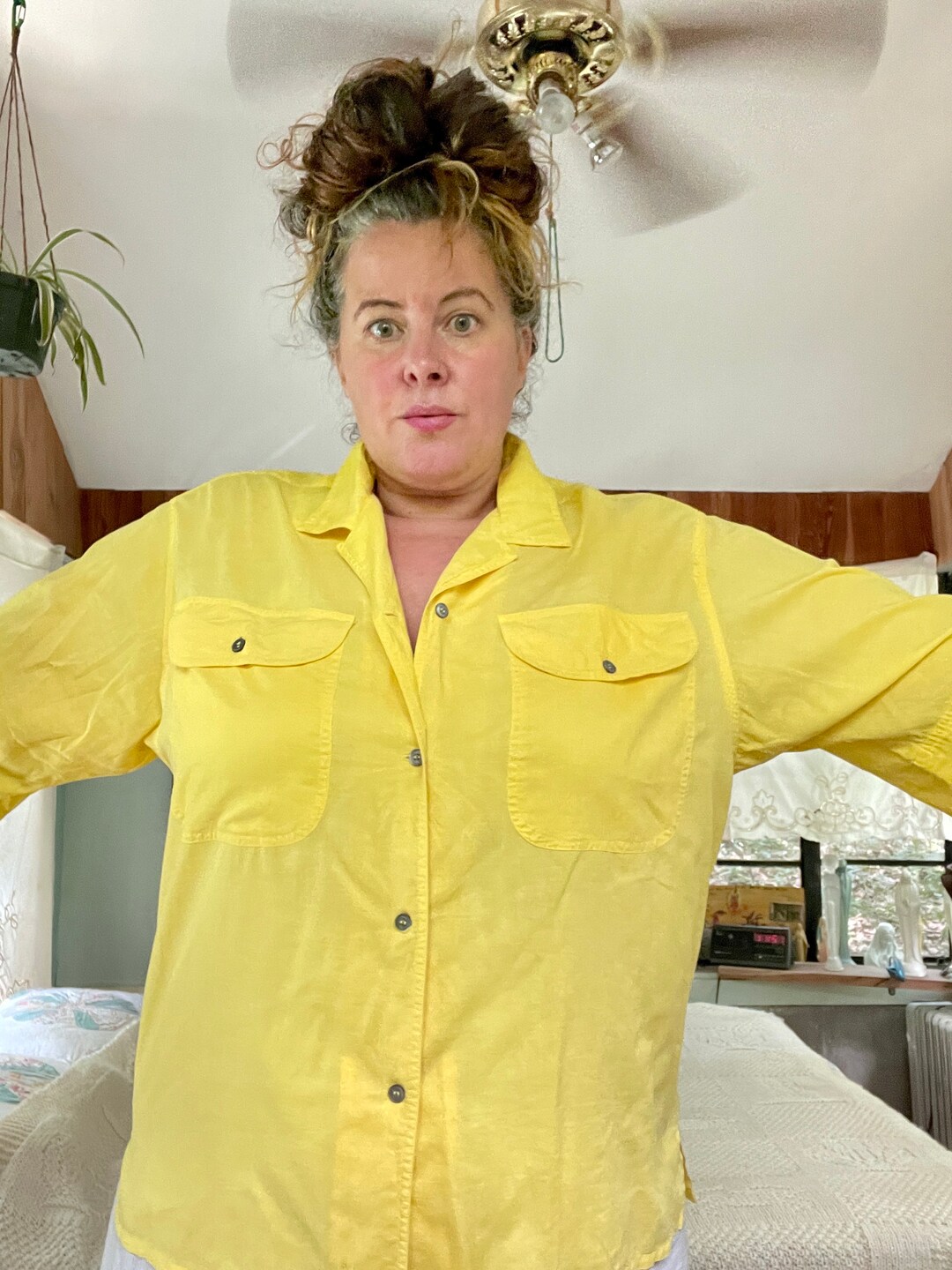 80s Esprit Shirt S 1980s Yellow Camp Shirt Oversized Top Etsy