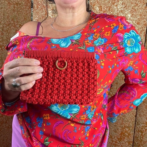 70s Vintage Red Macrame Purse  Vintage Clutch Pur… - image 9