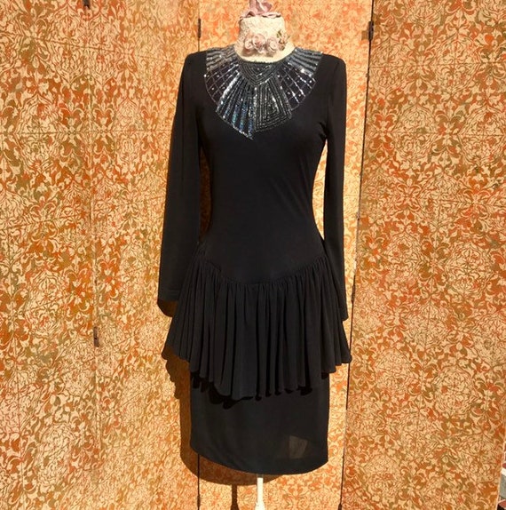 Black Peplum Dress 80s does 40s Beaded Collar Dre… - image 4