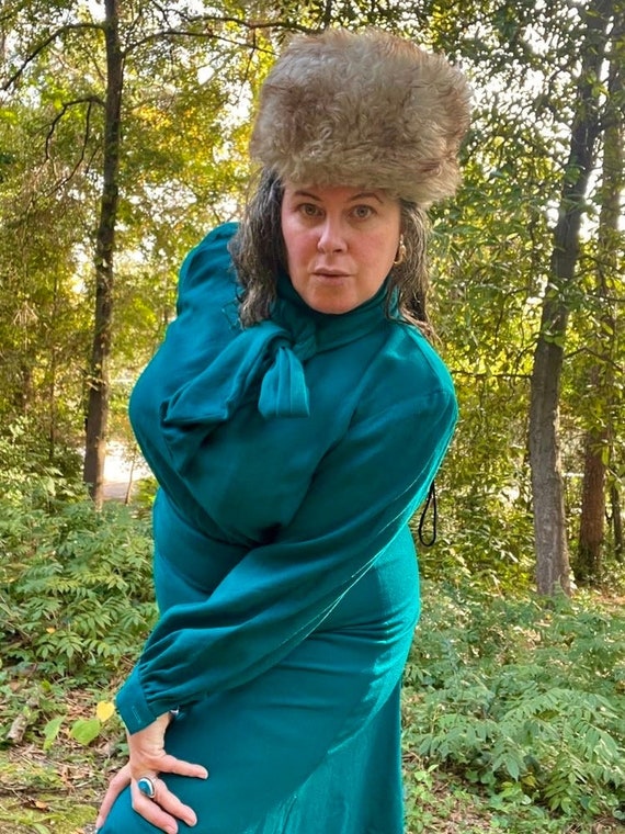 Vintage Teal Wool Dress L 80s Pussy Bow Dress - image 2