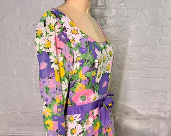 Vintage 1970s Miss Elliette Lilac Floral Maxi Dress M 30w