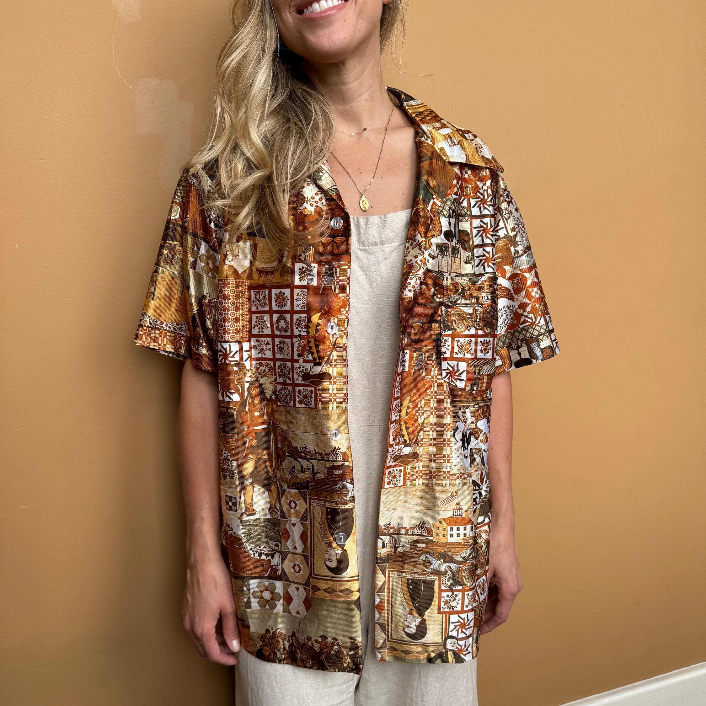 Vintage 70s Brown Americana Novelty Print Shirt - Etsy