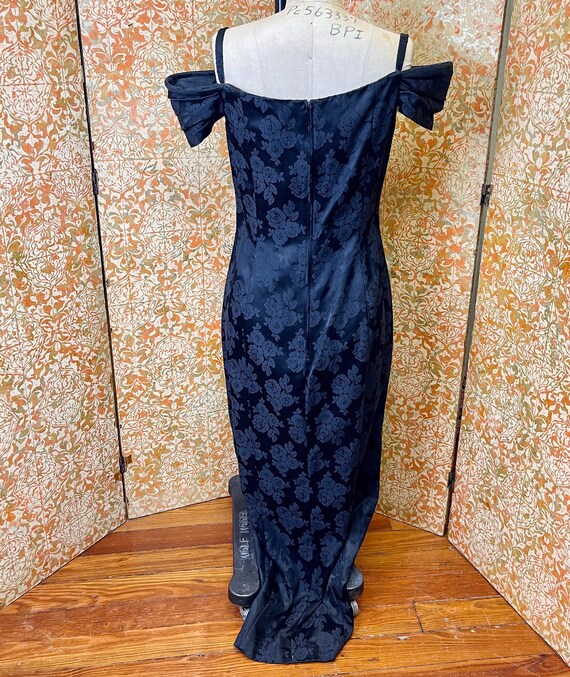 90s Black Brocade Column Party Dress S/M Off the … - image 3