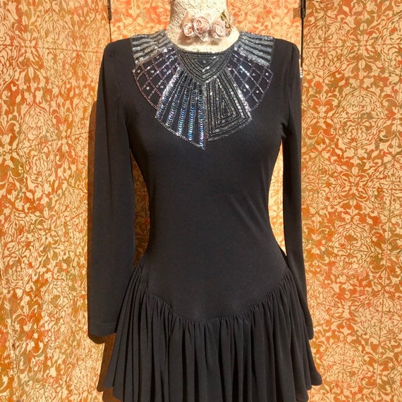 Black Peplum Dress 80s does 40s Beaded Collar Dre… - image 5