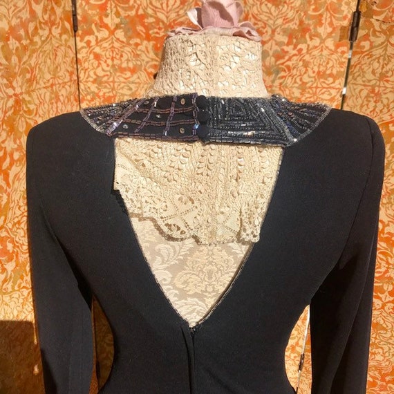 Black Peplum Dress 80s does 40s Beaded Collar Dre… - image 9