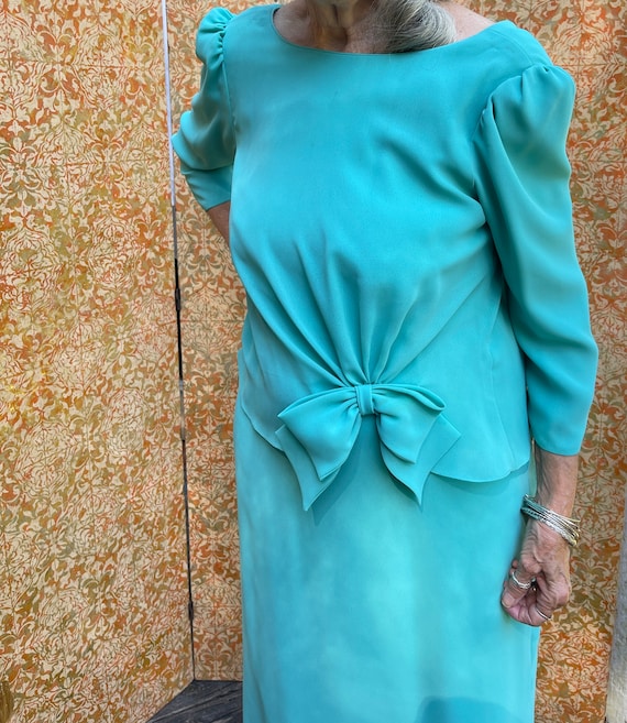 70s Miss Elliette Blue Bow Dress Aqua Crepe Gown - image 3