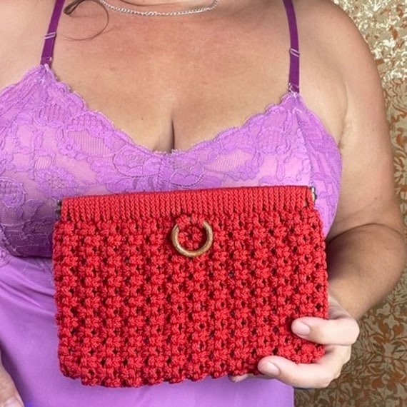 70s Vintage Red Macrame Purse  Vintage Clutch Pur… - image 8