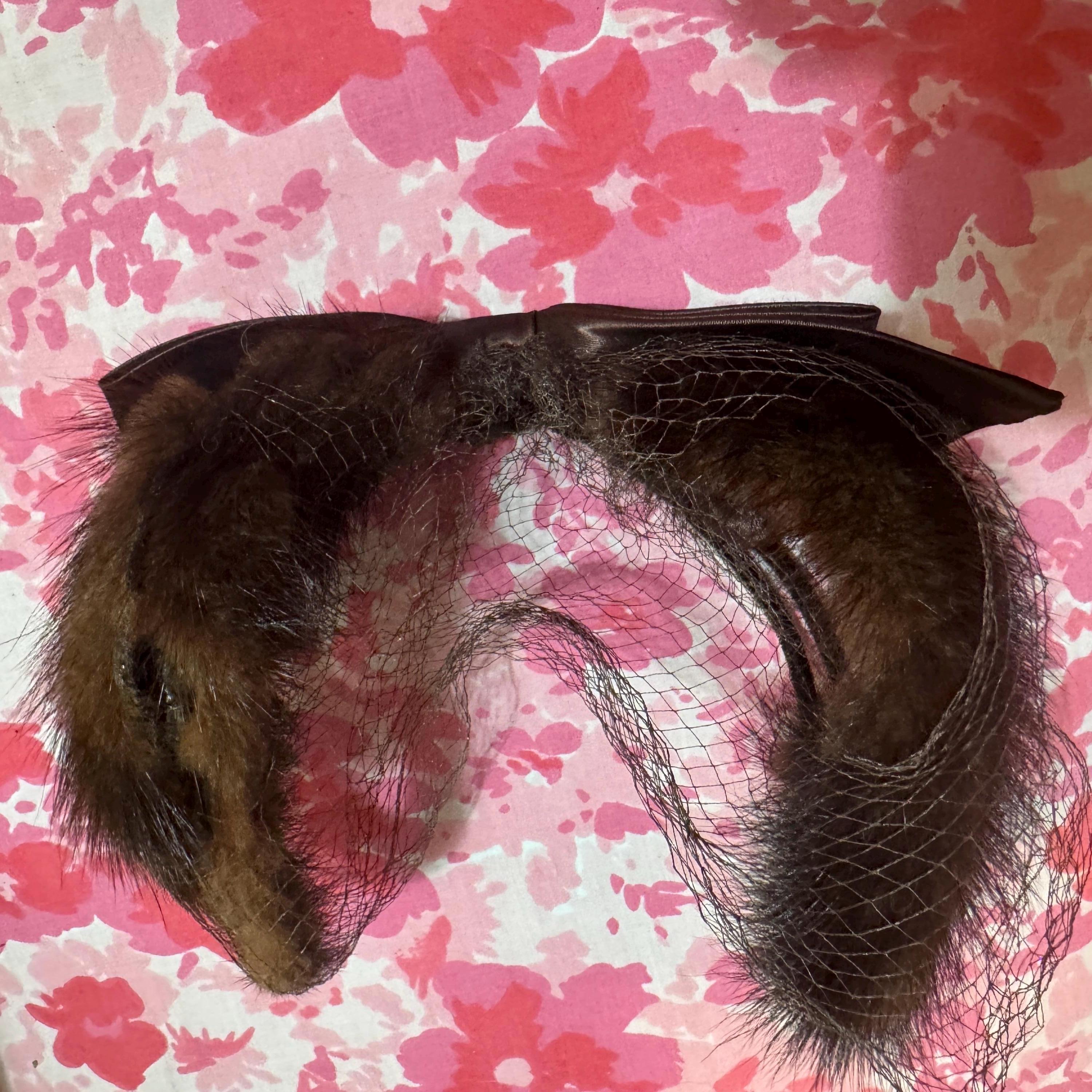 Vintage Brown Mink Fur Fascinator Hat Bird Cage Veil & Satin Bow Accent 1950s Vintage Mink Fur Birdcage Veil Hat, Brown Fascinator  main image 3