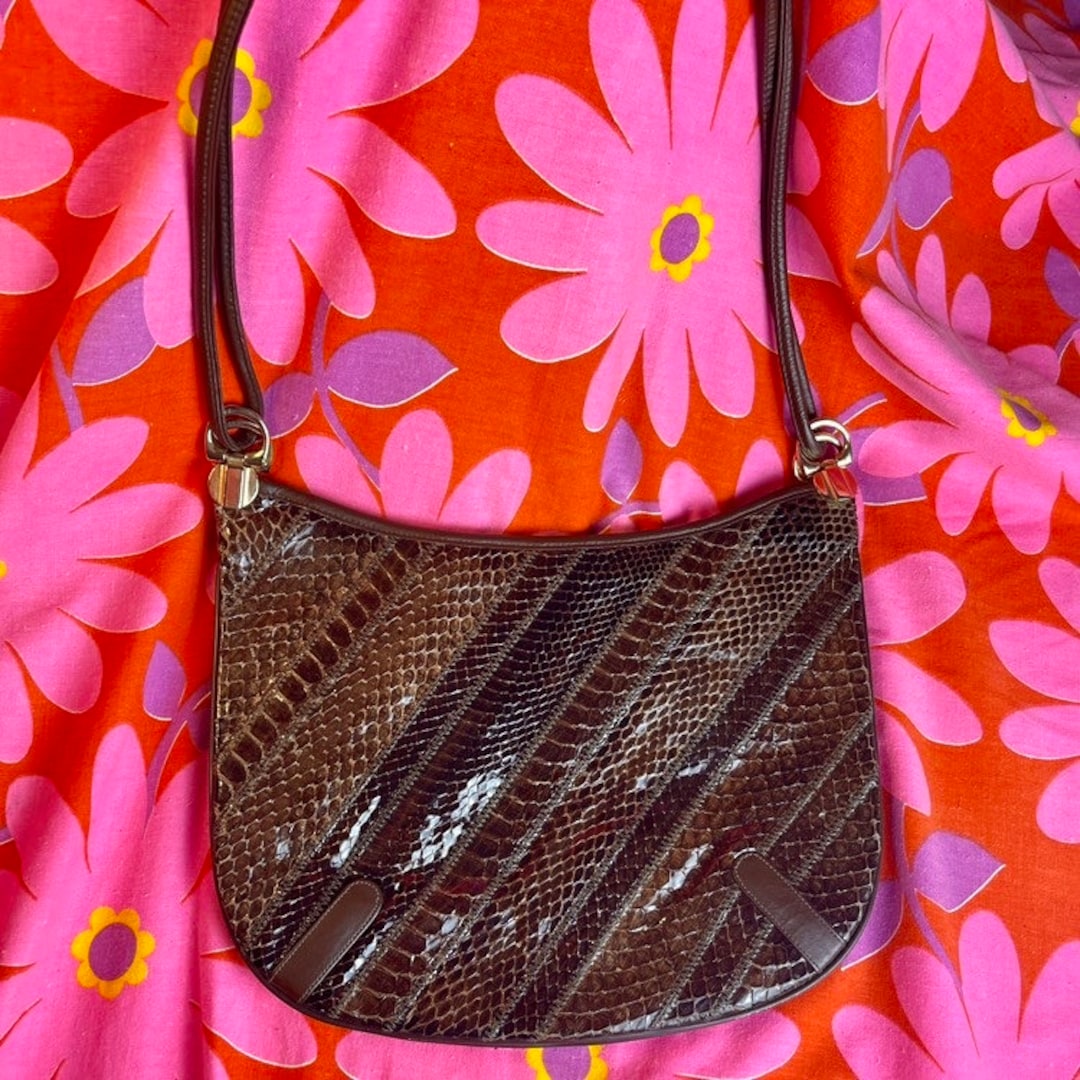 Vintage Varon Bag Snakeskin Purse Brown Diagonal Stripes 