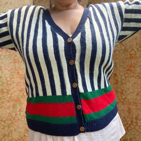 Shetland Cardigan 80s Striped Wool Sweater L Seyc… - image 1
