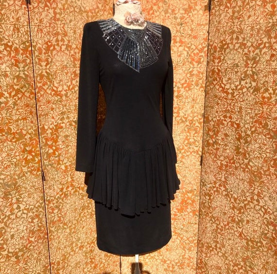 Black Peplum Dress 80s does 40s Beaded Collar Dre… - image 2