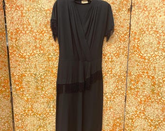 1940s Vintage Black Rayon Crepe Dress w Beaded Fringe Peplum