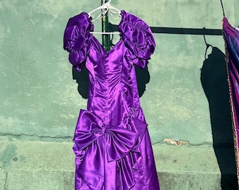 1980s Purple Satin Party Dress w Big Bow Giant Puff Sleeve Gown XS/S
