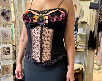 y2k Black Lace Strapless Bustier M ART TO WEAR Boned Corset w Ribbons