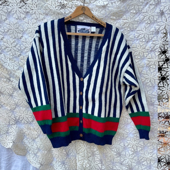 Shetland Cardigan 80s Striped Wool Sweater L Seyc… - image 9