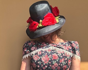 Vintage Flower Topped Derby Hat Ladies Wide Brim Hat w Roses 21-22 Ann Marie