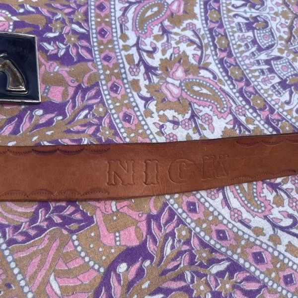 70s Vintage Tooled Leather Belt "Nick" Name Belt XL