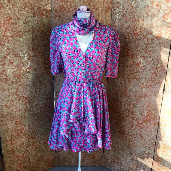 80s Vintage Dress Watercolor Print Dress Size 6 Dr