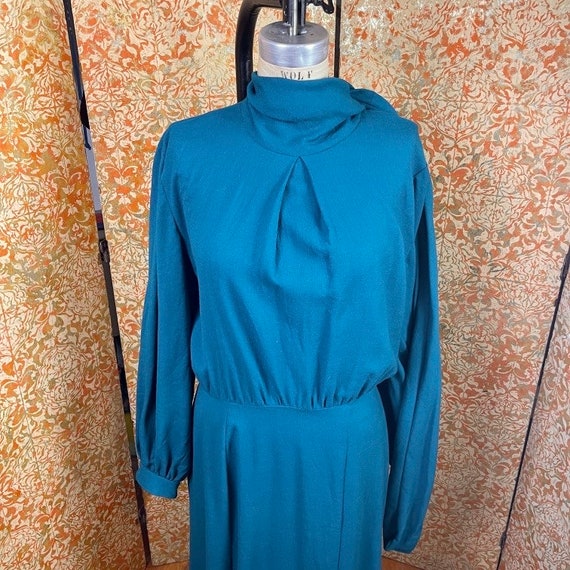 Vintage Teal Wool Dress L 80s Pussy Bow Dress - image 7