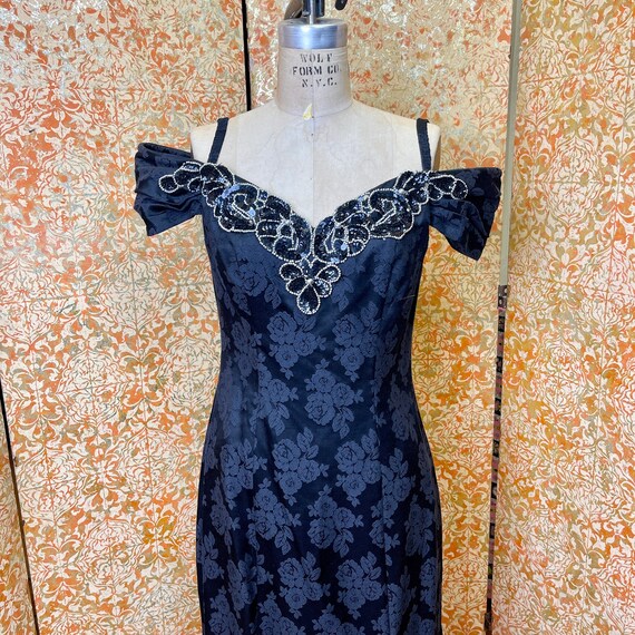 90s Black Brocade Column Party Dress S/M Off the … - image 1