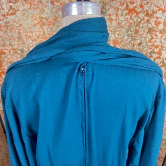 Vintage Teal Wool Dress L 80s Pussy Bow Dress - image 8