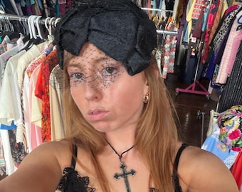 Vintage Black Half Hat with Black Net Veil