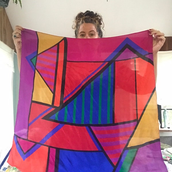 80s Vintage Colorful Geometric Silk Scarf Liz Claiborne Stained Glass Geometric Large Square Scarf