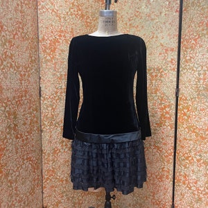 Vintage Black Velvet Drop Waisted Dress S