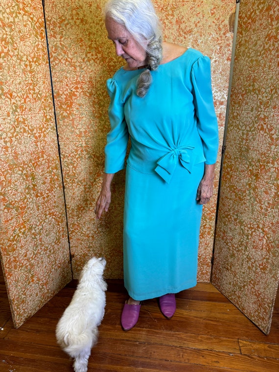 70s Miss Elliette Blue Bow Dress Aqua Crepe Gown - image 9