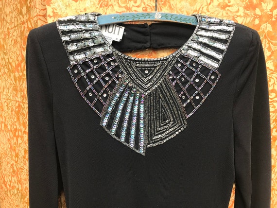 Black Peplum Dress 80s does 40s Beaded Collar Dre… - image 8