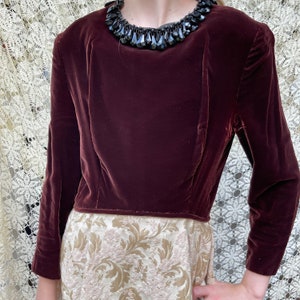 XXS 60s Vintage Velvet & Cream Brocade Cocktail Dress w Long Sleeves