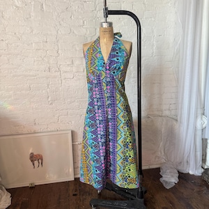 Vintage Halter Sundress M Psychedelic Geometric Cotton 30w