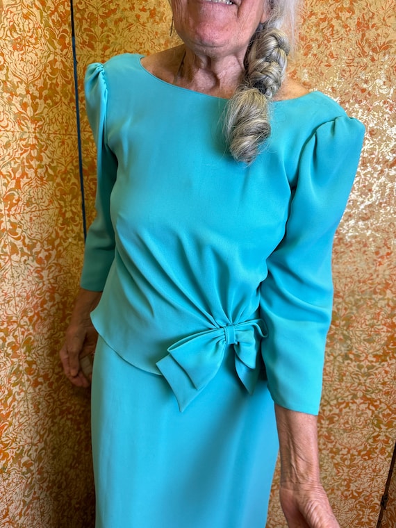 70s Miss Elliette Blue Bow Dress Aqua Crepe Gown - image 1