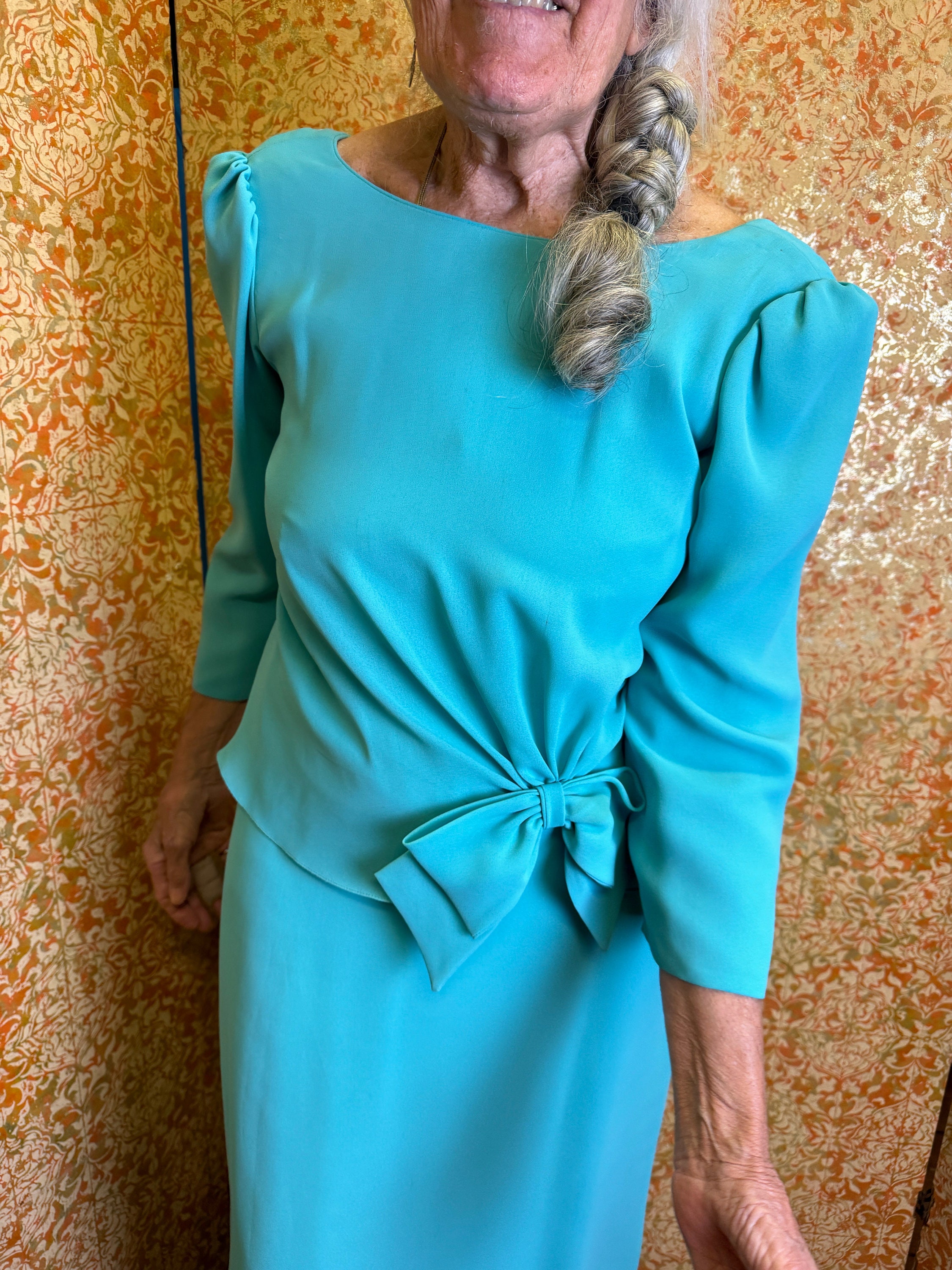 70s Miss Elliette Blue Bow Dress Aqua Crepe Gown