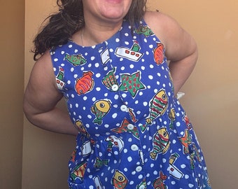 Vintage Deep Blue Sea Cotton Sundress L/XL Novelty Print